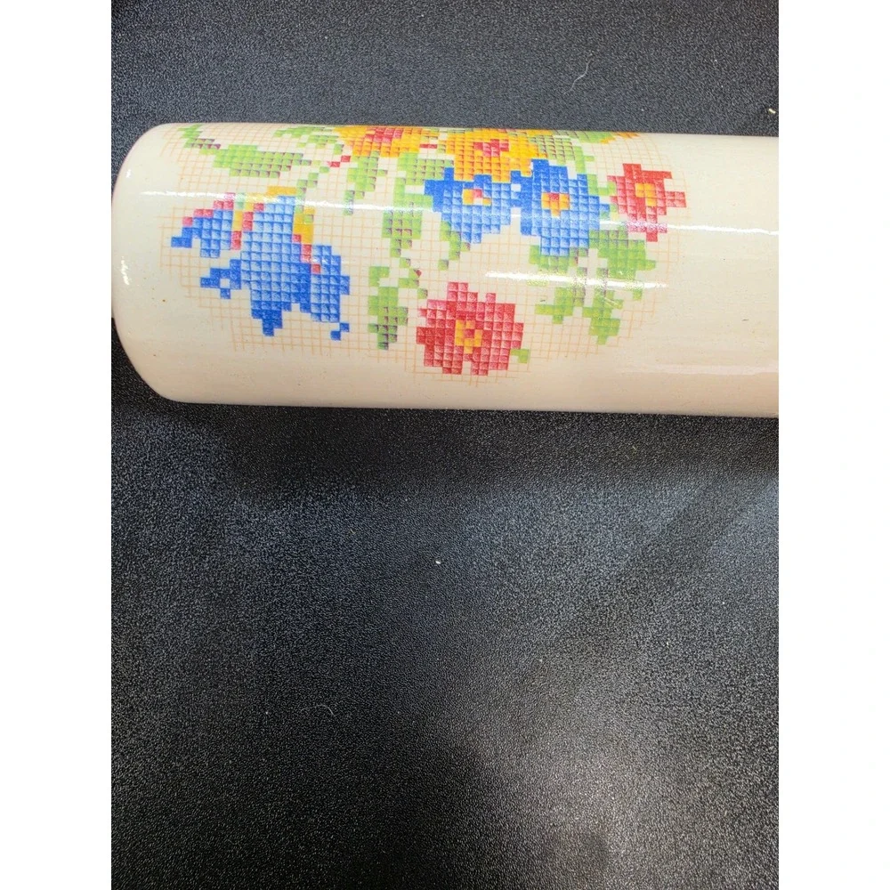 Vintage Ceramic Water Filled Rolling Pin Floral Cross Stitch Cream 15.5in